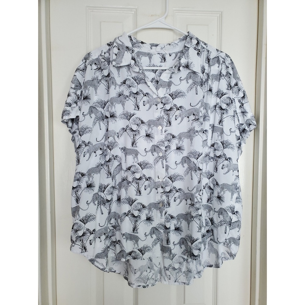 Jane + Delancey Leopard Palm Tree Button Down Shirt White Black Animal Print XL